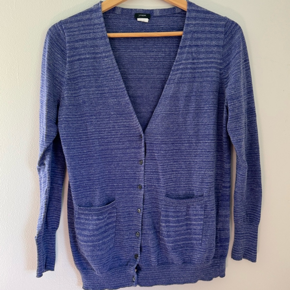J. Crew Women's Heather Blue Striped Cardigan Button Sweater